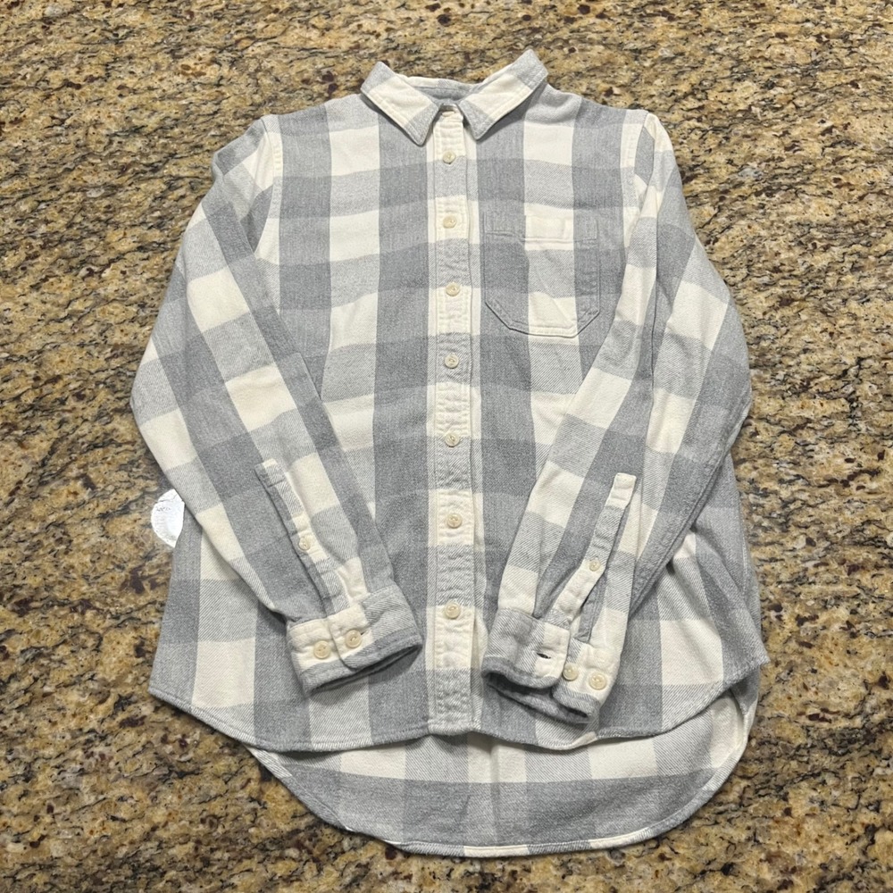 LL Bean Womens XS Grey White Buffalo Plaid Flannel Button Down Shirt Long Sleeve